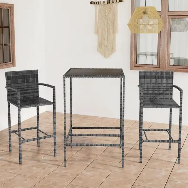 Alt view image 11 of 12 - vidaXL 3 Piece Garden Bar Set Poly Rattan Gray