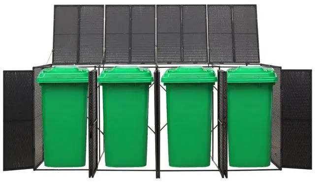Alt view image 6 of 10 - vidaXL Quadruple Wheelie Bin Shed Black 107.9"x31.5"x46.1" Poly Rattan