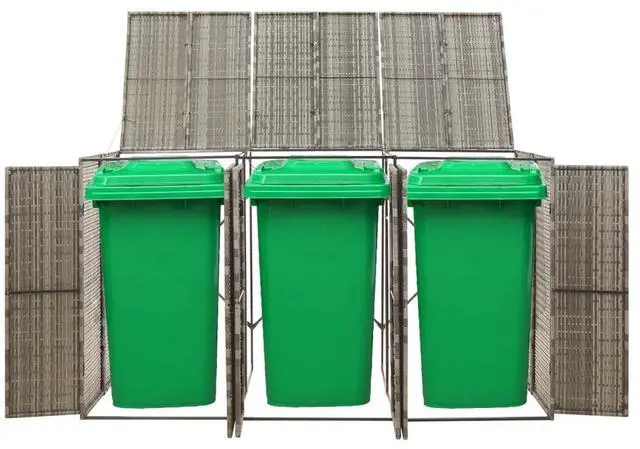Alt view image 6 of 10 - vidaXL Triple Wheelie Bin Shed Gray 81.5"x31.5"x46.1" Poly Rattan