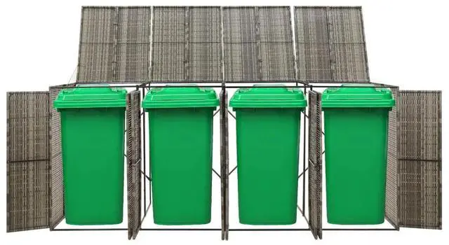 Alt view image 6 of 10 - vidaXL Quadruple Wheelie Bin Shed Gray 107.9"x31.5"x46.1" Poly Rattan