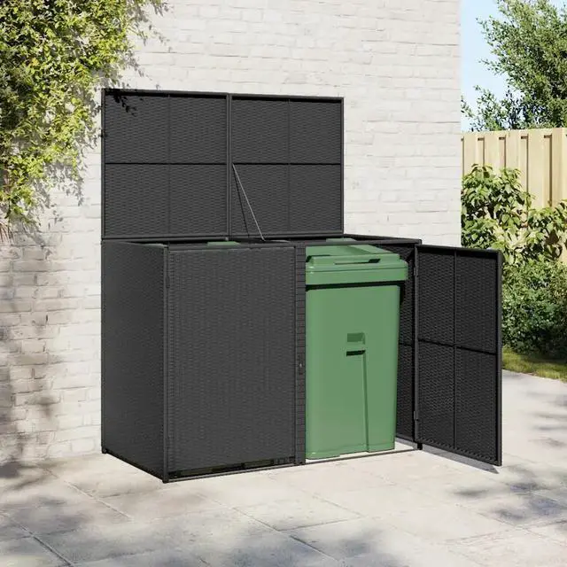 Alt view image 13 of 13 - vidaXL Garbage Can Shed Trash Bin Shed Wheelie Bin Storage Black Poly Rattan