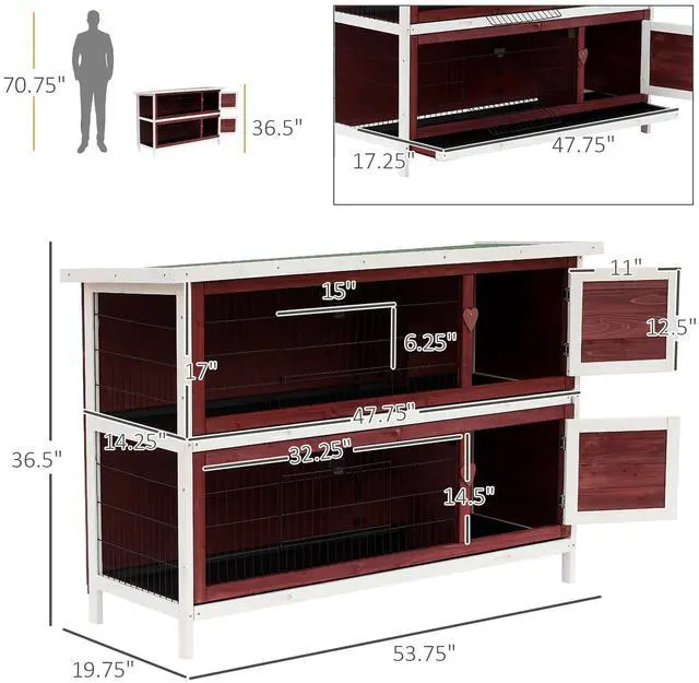 Alt view image 3 of 7 - Aosom 54" 2-Story Weatherproof Stackable Elevated Wooden Rabbit Hutch with Enclosed Run and Pull-Out Trays