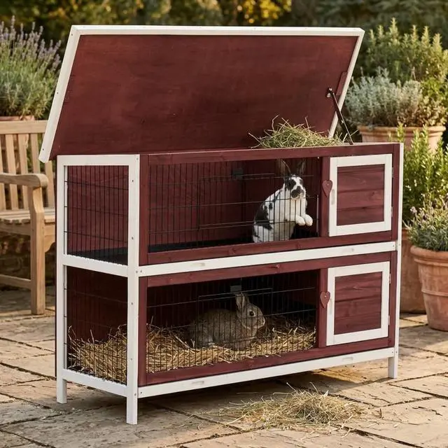 Alt view image 2 of 7 - Aosom 54" 2-Story Weatherproof Stackable Elevated Wooden Rabbit Hutch with Enclosed Run and Pull-Out Trays