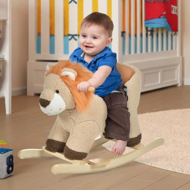 Alt view image 2 of 7 - AosomQaba Baby Rocking Horse Lion with Sound, Plush Stuffed Rocking Animals, Wooden Rocking Horse with Seat Belt for 18-36 Months Boys and Girls Gift, Brown