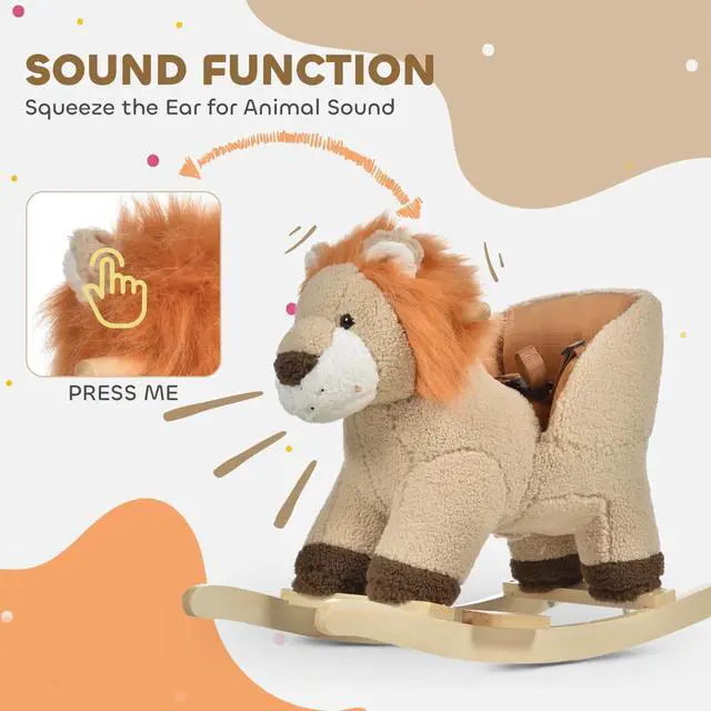 Alt view image 7 of 7 - AosomQaba Baby Rocking Horse Lion with Sound, Plush Stuffed Rocking Animals, Wooden Rocking Horse with Seat Belt for 18-36 Months Boys and Girls Gift, Brown
