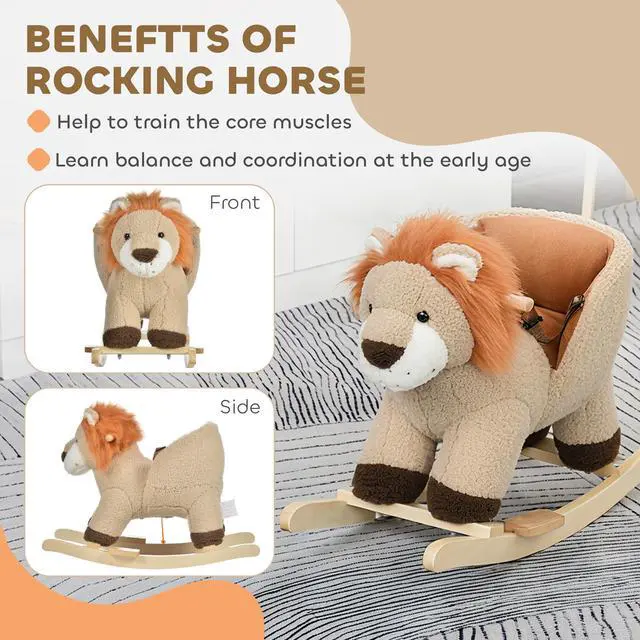 Alt view image 5 of 7 - AosomQaba Baby Rocking Horse Lion with Sound, Plush Stuffed Rocking Animals, Wooden Rocking Horse with Seat Belt for 18-36 Months Boys and Girls Gift, Brown