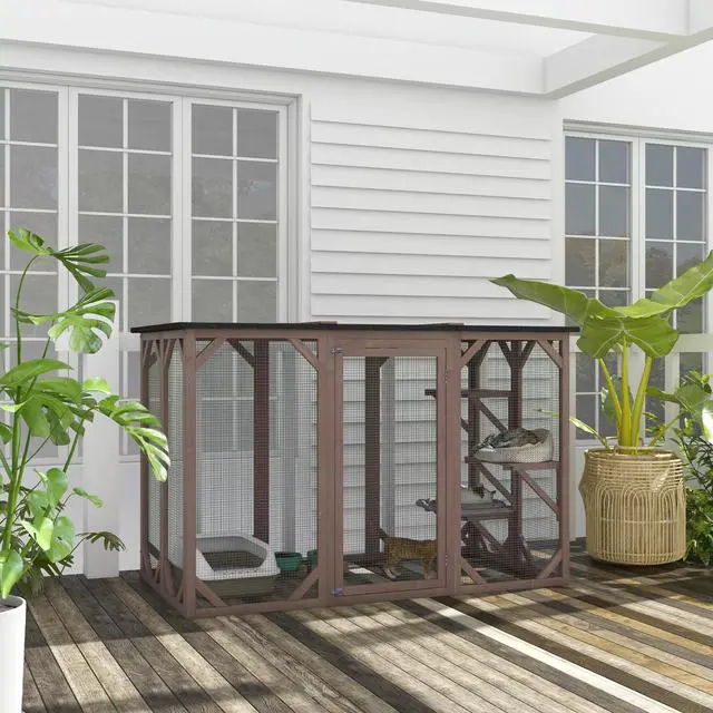 Alt view image 2 of 7 - Aosom Outdoor Cat House, Catio Wooden Feral Cat Shelter, Cat Cage with Platforms, Large Enter Door, Weather Protection Asphalt Roof, 71" L, Brown