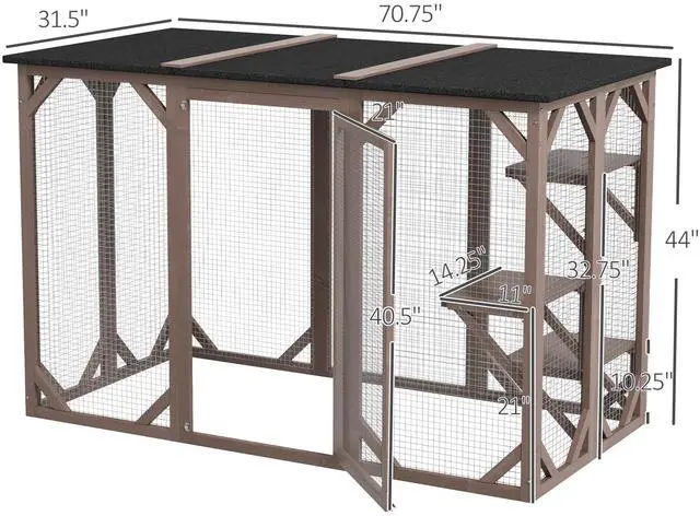 Alt view image 3 of 7 - Aosom Outdoor Cat House, Catio Wooden Feral Cat Shelter, Cat Cage with Platforms, Large Enter Door, Weather Protection Asphalt Roof, 71" L, Brown