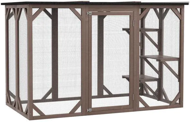 Main image of Aosom Outdoor Cat House, Catio Wooden Feral Cat Shelter, Cat Cage with Platforms, Large Enter Door, Weather Protection Asphalt Roof, 71" L, Brown