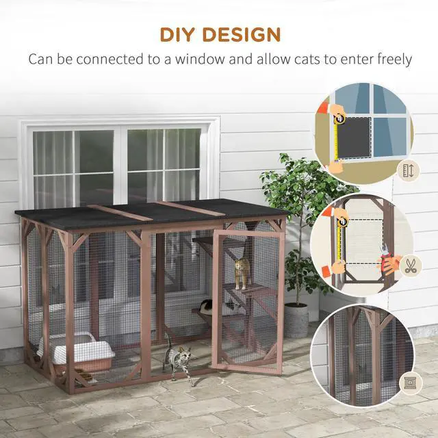 Alt view image 4 of 7 - Aosom Outdoor Cat House, Catio Wooden Feral Cat Shelter, Cat Cage with Platforms, Large Enter Door, Weather Protection Asphalt Roof, 71" L, Brown