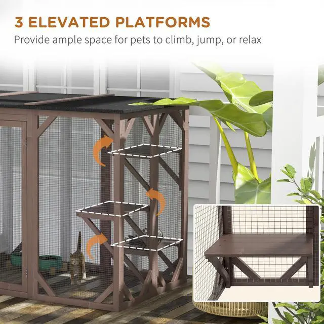 Alt view image 6 of 7 - Aosom Outdoor Cat House, Catio Wooden Feral Cat Shelter, Cat Cage with Platforms, Large Enter Door, Weather Protection Asphalt Roof, 71" L, Brown