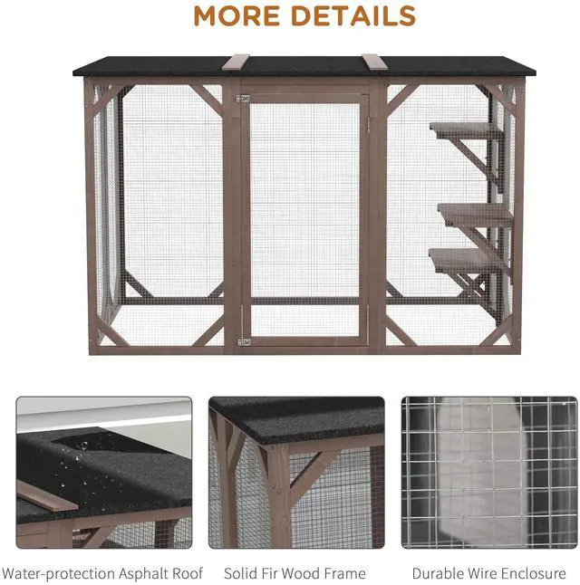 Alt view image 5 of 7 - Aosom Outdoor Cat House, Catio Wooden Feral Cat Shelter, Cat Cage with Platforms, Large Enter Door, Weather Protection Asphalt Roof, 71" L, Brown