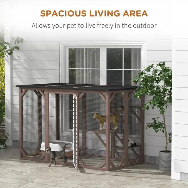 Alt view image 7 of 7 - Aosom Outdoor Cat House, Catio Wooden Feral Cat Shelter, Cat Cage with Platforms, Large Enter Door, Weather Protection Asphalt Roof, 71" L, Brown