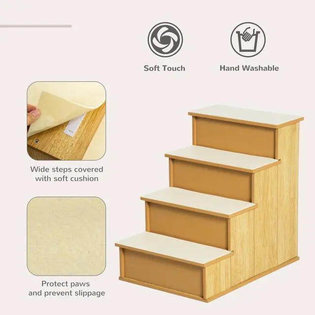 Alt view image 4 of 7 - Aosom Pet Stairs, Small Pet Steps with Cushioned Removable Covering for Dogs and Cats Up To 22 lbs, Natural