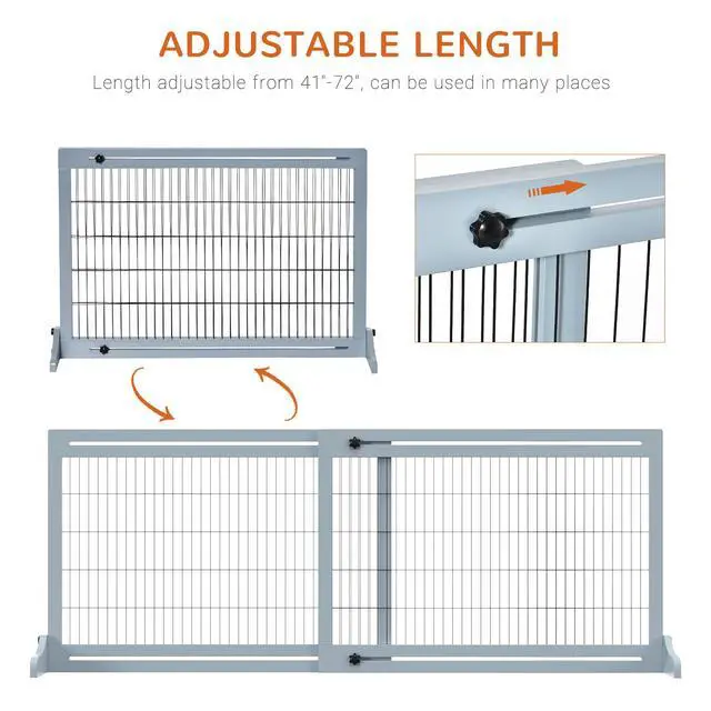 Alt view image 4 of 7 - Aosom 71" W x 27.25" H Extra Wide Freestanding Pet Gate with Adjustable Length Dog, Cat, Barrier for House, Doorway, Hallway, Blue-Gray