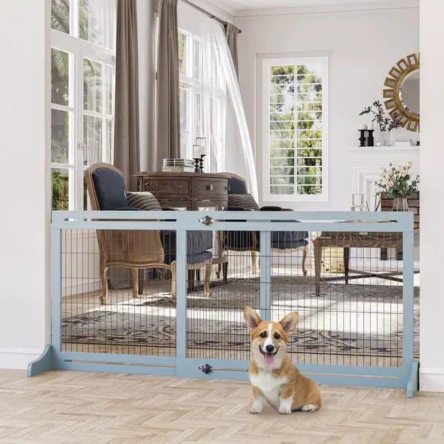 Alt view image 2 of 7 - Aosom 71" W x 27.25" H Extra Wide Freestanding Pet Gate with Adjustable Length Dog, Cat, Barrier for House, Doorway, Hallway, Blue-Gray
