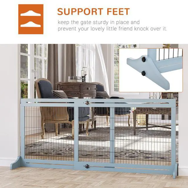 Alt view image 5 of 7 - Aosom 71" W x 27.25" H Extra Wide Freestanding Pet Gate with Adjustable Length Dog, Cat, Barrier for House, Doorway, Hallway, Blue-Gray