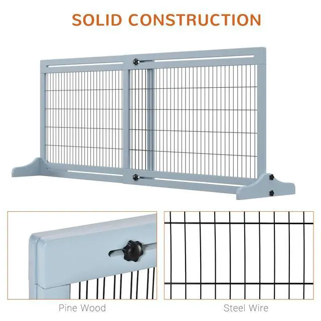 Alt view image 6 of 7 - Aosom 71" W x 27.25" H Extra Wide Freestanding Pet Gate with Adjustable Length Dog, Cat, Barrier for House, Doorway, Hallway, Blue-Gray