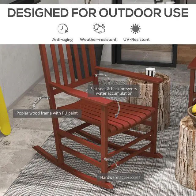 Alt view image 4 of 7 - Aosom Outdoor Rocking Chair Set of 2, Patio Rocking Chair with Smooth Curves, High Density Wooden Rockers for Lawn Garden Porch, Supports Up to 350lbs, Wine Red