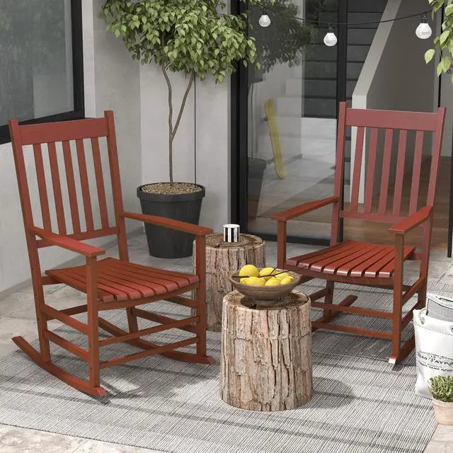 Alt view image 2 of 7 - Aosom Outdoor Rocking Chair Set of 2, Patio Rocking Chair with Smooth Curves, High Density Wooden Rockers for Lawn Garden Porch, Supports Up to 350lbs, Wine Red