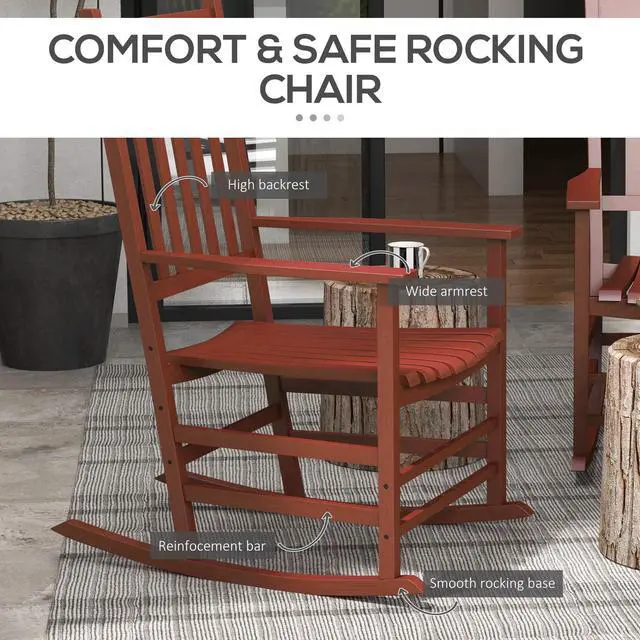 Alt view image 5 of 7 - Aosom Outdoor Rocking Chair Set of 2, Patio Rocking Chair with Smooth Curves, High Density Wooden Rockers for Lawn Garden Porch, Supports Up to 350lbs, Wine Red