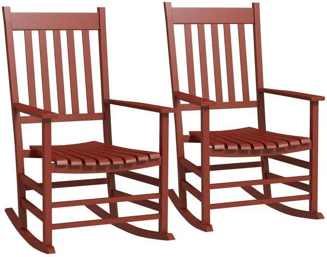 Main image of Aosom Outdoor Rocking Chair Set of 2, Patio Rocking Chair with Smooth Curves, High Density Wooden Rockers for Lawn Garden Porch, Supports Up to 350lbs, Wine Red