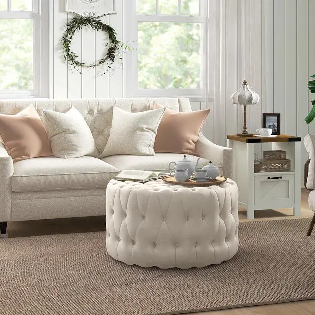 Alt view image 2 of 7 - Aosom Round Ottoman Coffee Table with Velvet-feel Upholstery, Button Tufted Design and Padded Seat, Beige