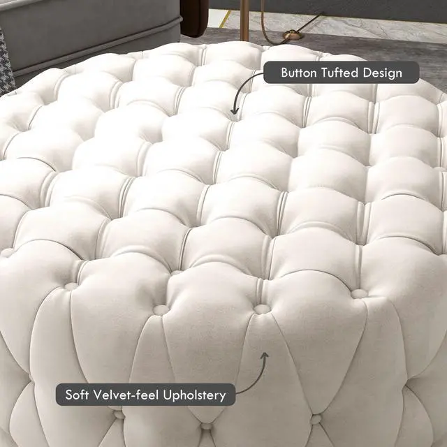 Alt view image 4 of 7 - Aosom Round Ottoman Coffee Table with Velvet-feel Upholstery, Button Tufted Design and Padded Seat, Beige