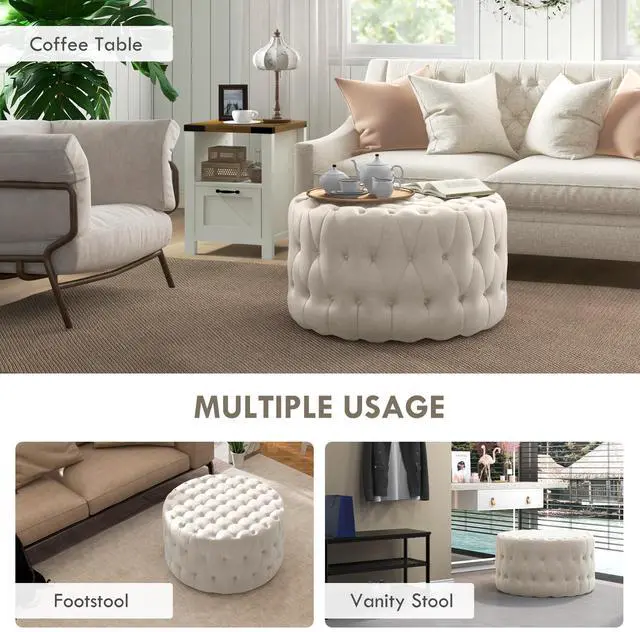 Alt view image 5 of 7 - Aosom Round Ottoman Coffee Table with Velvet-feel Upholstery, Button Tufted Design and Padded Seat, Beige