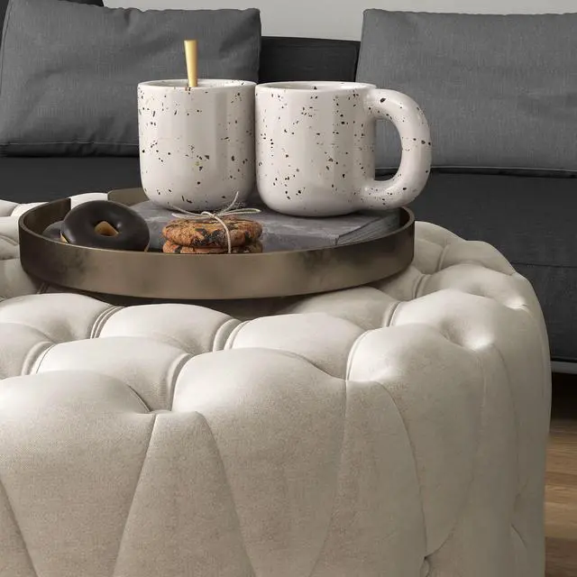 Alt view image 7 of 7 - Aosom Round Ottoman Coffee Table with Velvet-feel Upholstery, Button Tufted Design and Padded Seat, Beige