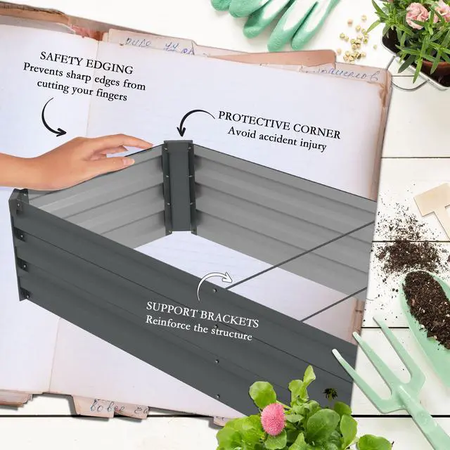 Alt view image 6 of 7 - Aosom 8x2x1ft Galvanized Raised Garden Bed Kit with Safety Edging for Flowers, Herbs and Vegetables, Dark Gray
