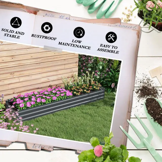 Alt view image 7 of 7 - Aosom 8x2x1ft Galvanized Raised Garden Bed Kit with Safety Edging for Flowers, Herbs and Vegetables, Dark Gray