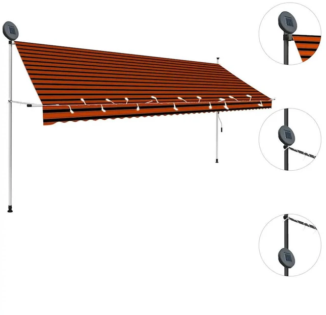 Alt view image 6 of 9 - vidaXL Manual Retractable Awning with LED 157.5" Orange and Brown