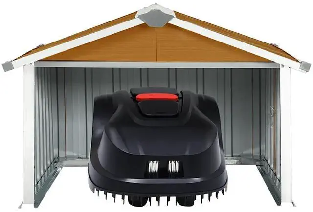 Alt view image 3 of 7 - vidaXL Garden Robot Lawnmower Shed 36.2"x38.2"x24.8" Galvanized Steel Brown