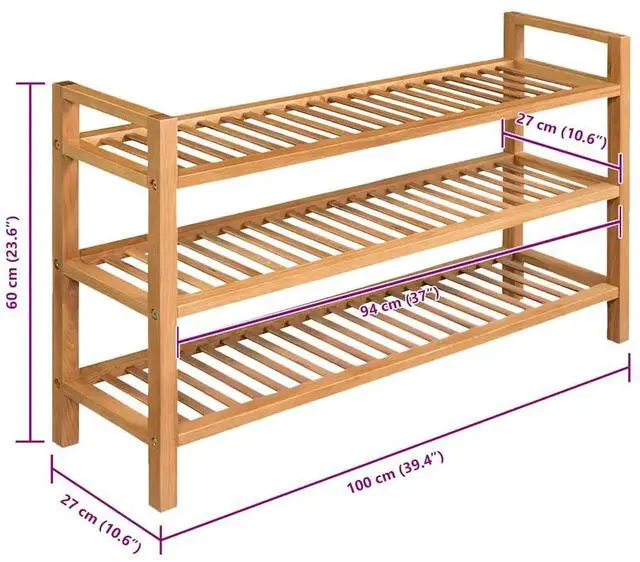 Alt view image 17 of 18 - vidaXL Solid Oak Wood Shoe Rack with 3 Shelves 23.6" Hallway Footwear Storage