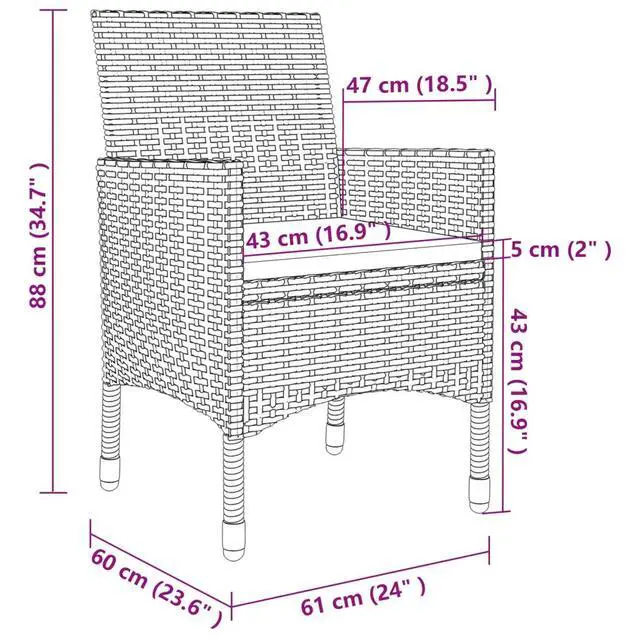 Alt view image 13 of 13 - vidaXL 3 Piece Patio Dining Set with Cushions Poly Rattan and Glass