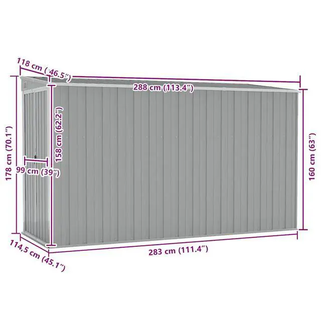 Alt view image 11 of 11 - vidaXL Wall-mounted Garden Shed Gray 46.5"x113.4"x70.1" Galvanized Steel