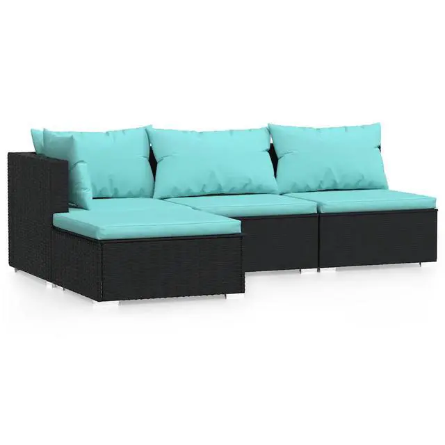 Alt view image 15 of 15 - vidaXL 4 Piece Patio Lounge Set with Cushions Black Poly Rattan