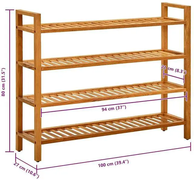 Alt view image 12 of 13 - vidaXL Shoe Rack with 4 Shelves 39.3"x10.6"x31.4" Solid Oak Wood