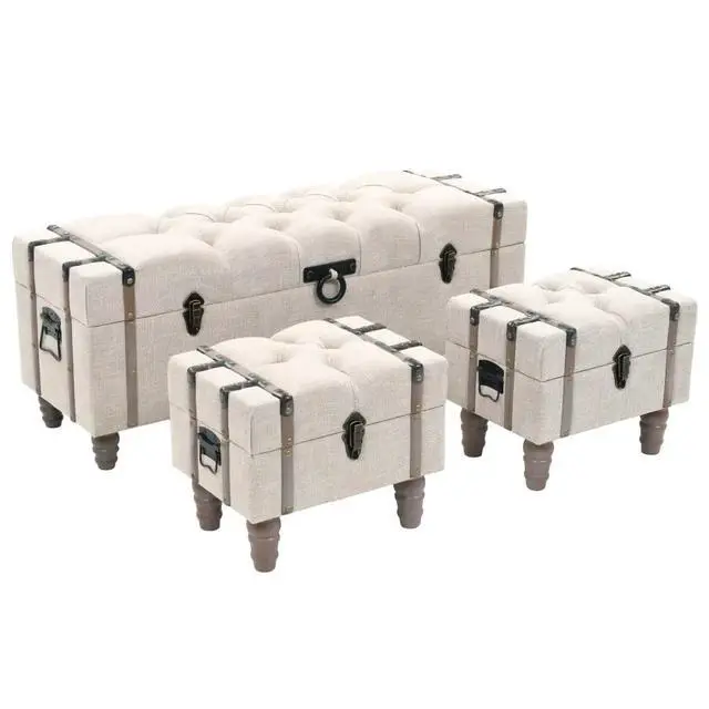Alt view image 5 of 11 - vidaXL Storage Benches 3 pcs Cream Solid Wood Fir&Fabric