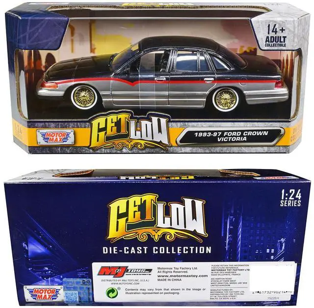 Alt view image 7 of 7 - 1993-1997 Ford Crown Victoria Lowrider Black Metallic and Silver with Red Stripes "Get Low" Series 1/24 Diecast Model Car by Motormax