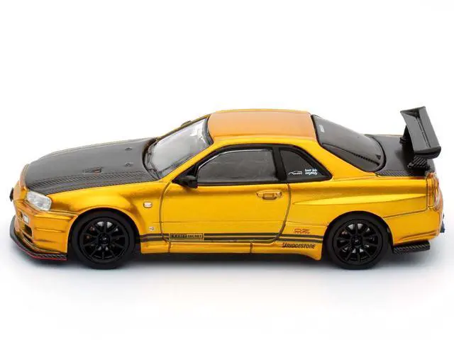 Alt view image 8 of 11 - Nissan Skyline GT-R (R34) RHD Gold Metallic with Carbon Hood and Trunk 1/64 Die Cast Model Car by Inno Models