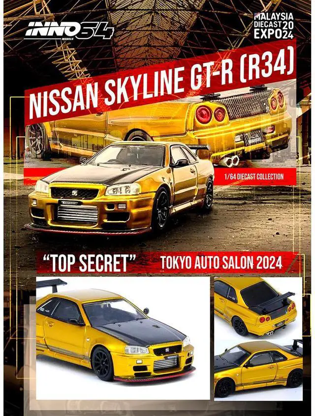 Alt view image 11 of 11 - Nissan Skyline GT-R (R34) RHD Gold Metallic with Carbon Hood and Trunk 1/64 Die Cast Model Car by Inno Models