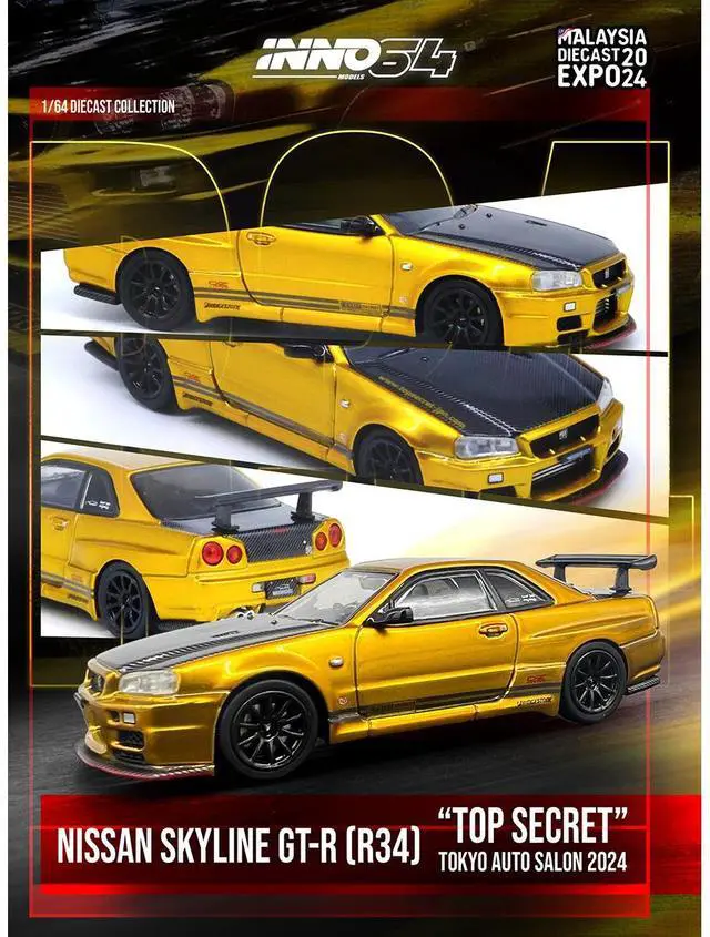 Alt view image 10 of 11 - Nissan Skyline GT-R (R34) RHD Gold Metallic with Carbon Hood and Trunk 1/64 Die Cast Model Car by Inno Models