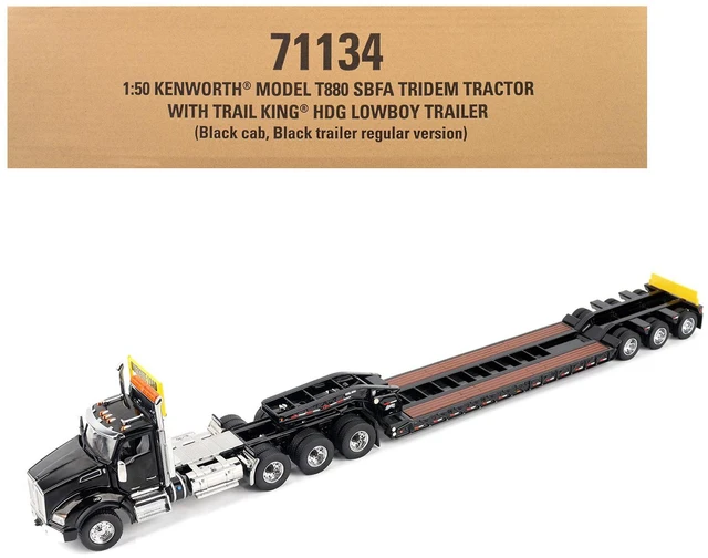 Main image of Kenworth T880 SBFA Tridem Truck with Trail King HDG Lowboy Trailer Black "Transport Series" 1/50 Diecast Model by Diecast Masters