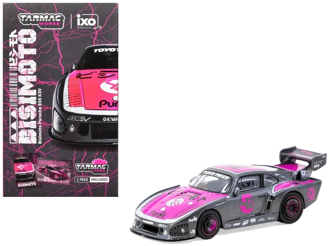Main image of Porsche 935 K3V Bisimoto Gray Metallic with Pink Hood and Top with Tarmac Cards "Hobby64" Series 1/64 Diecast Model by Tarmac Works