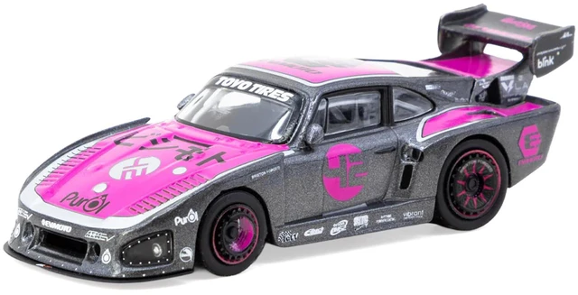 Alt view image 2 of 3 - Porsche 935 K3V Bisimoto Gray Metallic with Pink Hood and Top with Tarmac Cards "Hobby64" Series 1/64 Diecast Model by Tarmac Works