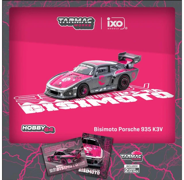 Alt view image 3 of 3 - Porsche 935 K3V Bisimoto Gray Metallic with Pink Hood and Top with Tarmac Cards "Hobby64" Series 1/64 Diecast Model by Tarmac Works