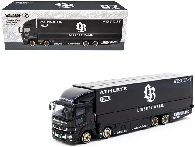 Main image of Mitsubishi Fuso Super Great Truck RHD (Right Hand Drive) with Transporter "Liberty Walk" Black "Truck64" Series 1/64 Diecast Model Car by Tarmac Works