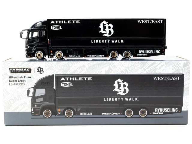 Alt view image 3 of 3 - Mitsubishi Fuso Super Great Truck RHD (Right Hand Drive) with Transporter "Liberty Walk" Black "Truck64" Series 1/64 Diecast Model Car by Tarmac Works